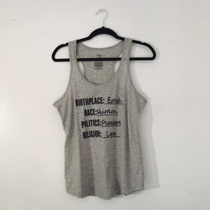 Grey muscle tee with black writing